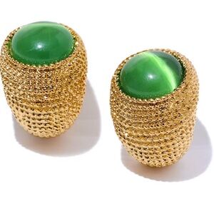 Sara Sotti Stainless Steel Green Cabochon Gold Textured Earrings